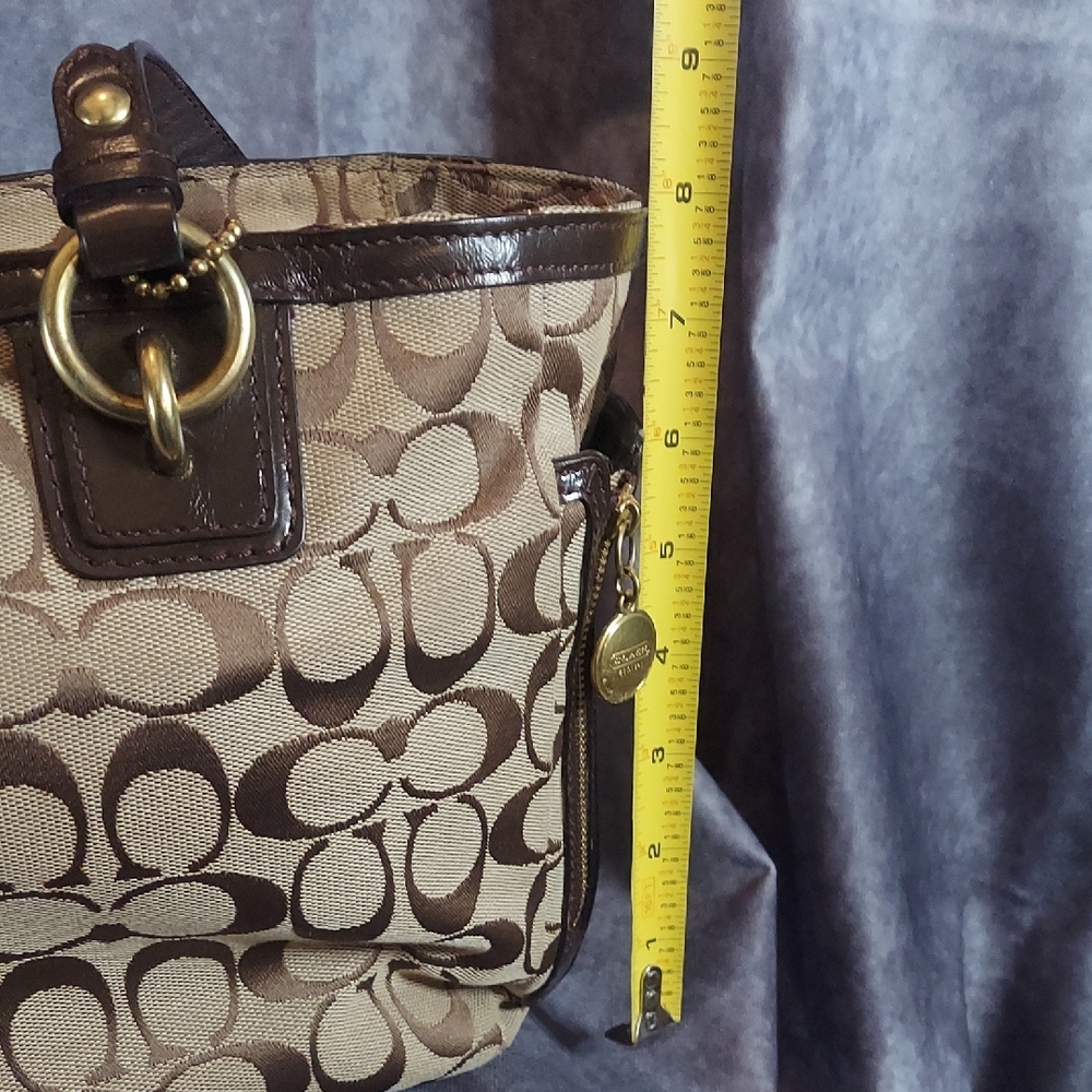 Coach Signature Demi Zip Shoulder Bag Khaki Brown Leather Jacquard Gold #19249 - Picture 10 of 12
